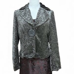 Faux Persian Lamb Jacket Snap Close Notched Collar Lined Shimmering Gun Metal 38
